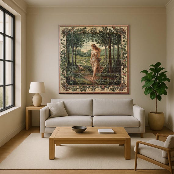 Mural de azulejos cerámicos de una diosa mitológica del bosque con alegoría p… — vista 4