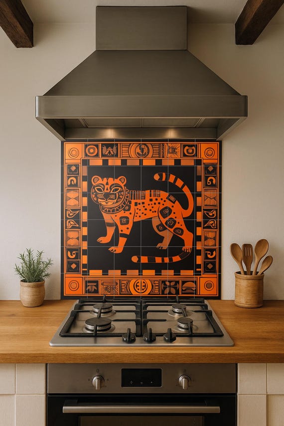 Mural de cerámica de jaguar azteca en naranja quemado y negro, arte mural geo… — vista 4